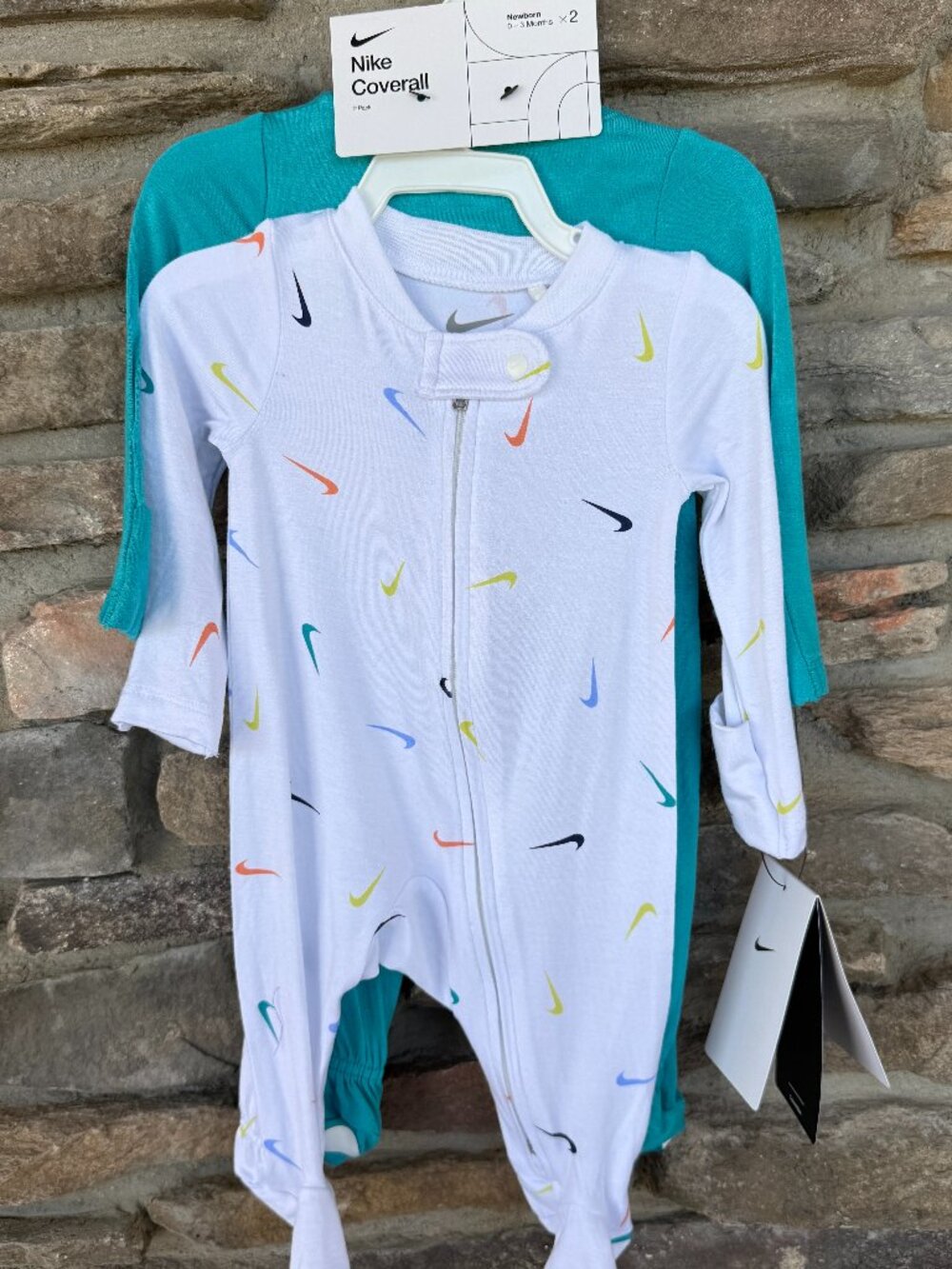Nike Baby 2Pk Essentials Infant Coveralls Newborn 6-9 lbs White Teal NWT